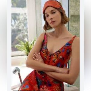 NWT retail$220 size XS Anthropologie Red Orange Spaghetti Strap maxi Sundress